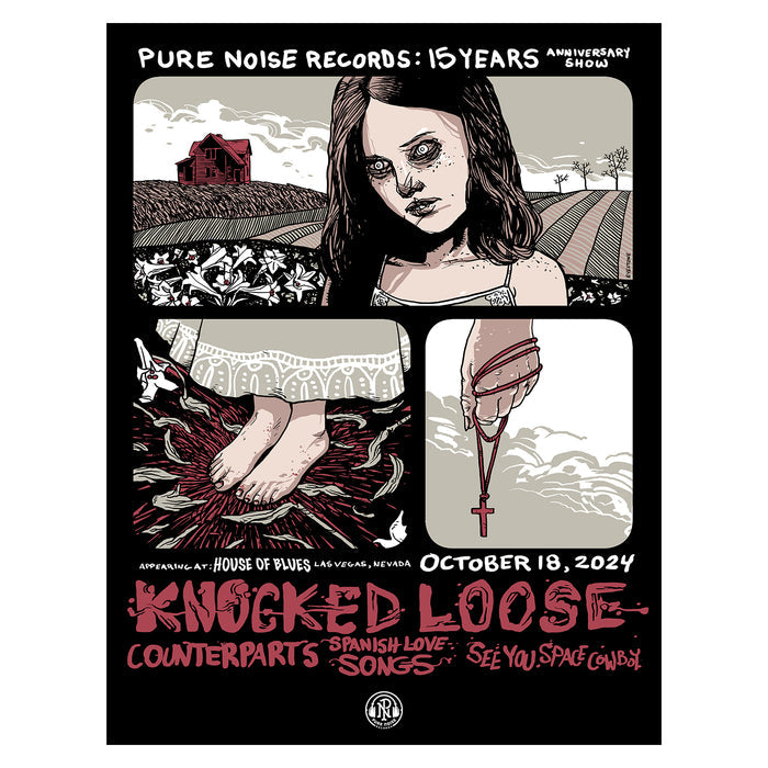Limited edition Pure Noise Records Merch poster featuring a gothic girl, farm scene, bare feet in blood, and a cross. Celebrate 15 Years with Knocked Loose and more - exclusive collectible for fans!.