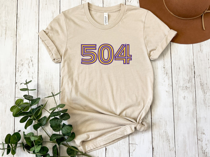 NolaCajun 504 Inline Purple and Gold Tshirt Detail View New Orleans 504 Louisiana