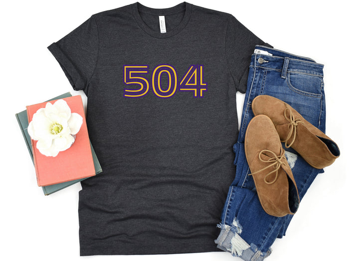NolaCajun 504 Inline Purple and Gold Tshirt Logo View New Orleans 504 Louisiana
