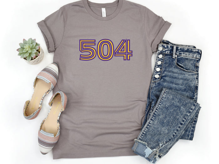 NolaCajun 504 Inline Purple and Gold Tshirt Worn View New Orleans Louisiana Pride