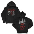 Unwell custom black hoodie features a medieval helmet and axe graphic with UNWELL on the front; detailed crown and bold red ALL EGORIA on the back. Printed by Independent Trading Co. for standout style.