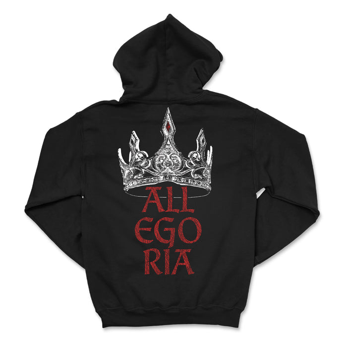 A black Unwell hoodie featuring a detailed silver crown and red gem graphic on the back, above ALLEGORIA in bold, red distressed letters—custom apparel for standout style.