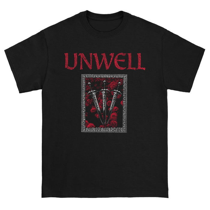 Unwell black Gildan t-shirt featuring UNWELL in red above three downward swords over red roses, all within a white decorative border. A bold printed shirt for any collection.