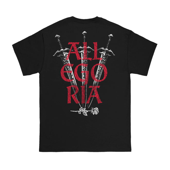 Unwell black Gildan t-shirt with three illustrated swords and a single rose at the base. Bold red ALLEGORIA text overlays the swords on the back, creating a striking printed design.