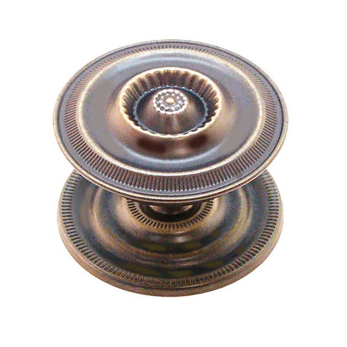 Antique Brass Sheraton Knob with Backplate, 2" Diameter - Paxton Hardware