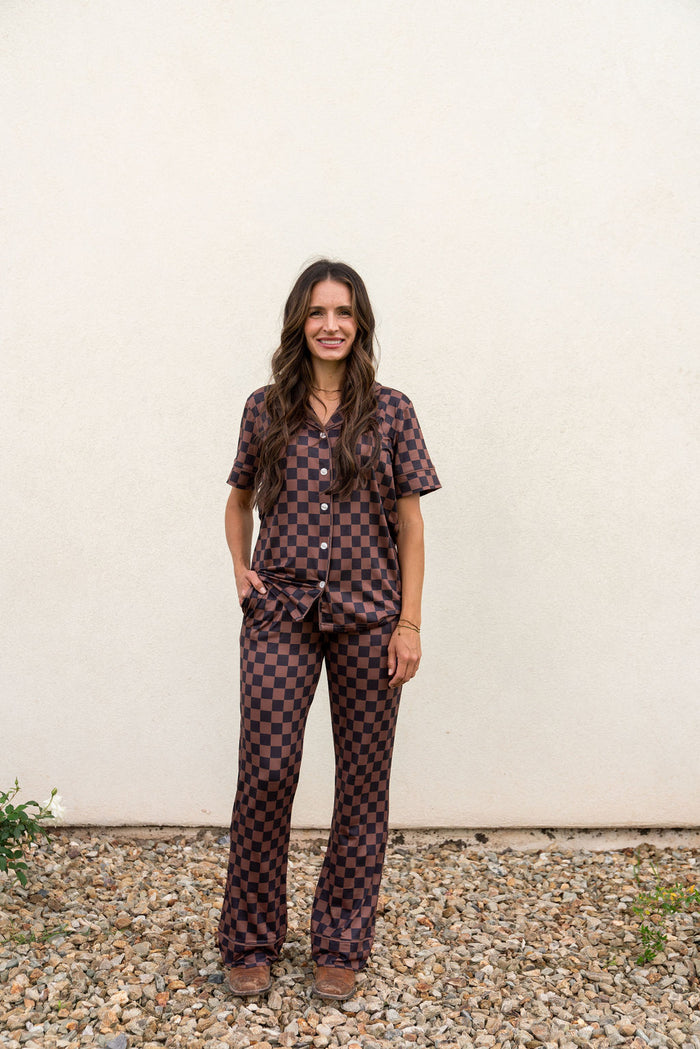 BLACK + BROWN CHECKER | WOMEN'S BUTTON UP SHORT SLEEVE SET