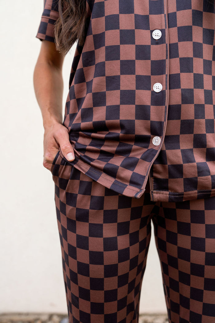 BLACK + BROWN CHECKER | WOMEN'S BUTTON UP SHORT SLEEVE SET