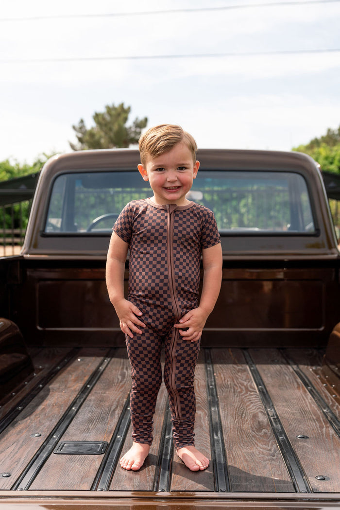 BLACK + BROWN MINI CHECKER | SHORT SLEEVE ZIPPER ONE PIECE