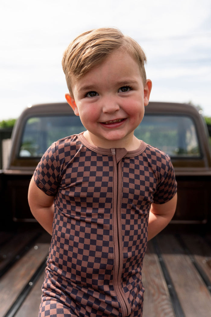 BLACK + BROWN MINI CHECKER | SHORT SLEEVE ZIPPER ONE PIECE