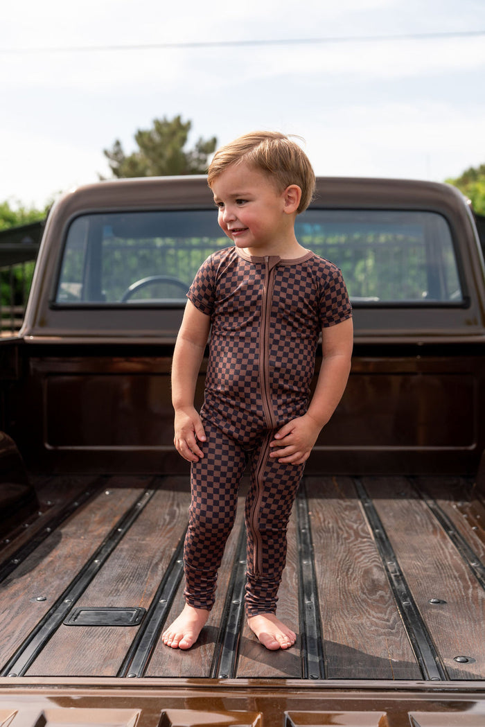 BLACK + BROWN MINI CHECKER | SHORT SLEEVE ZIPPER ONE PIECE
