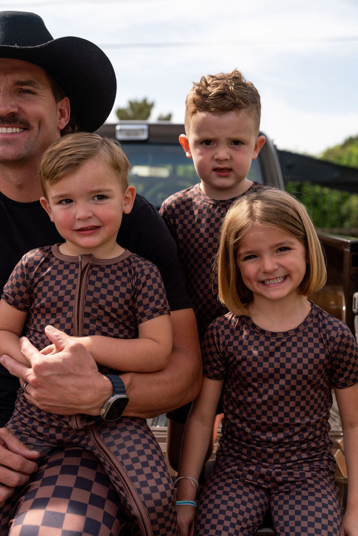BLACK + BROWN MINI CHECKER | SHORT SLEEVE ZIPPER ONE PIECE