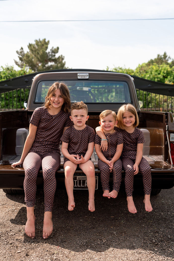 BLACK + BROWN MINI CHECKER | SHORT SLEEVE ZIPPER ONE PIECE