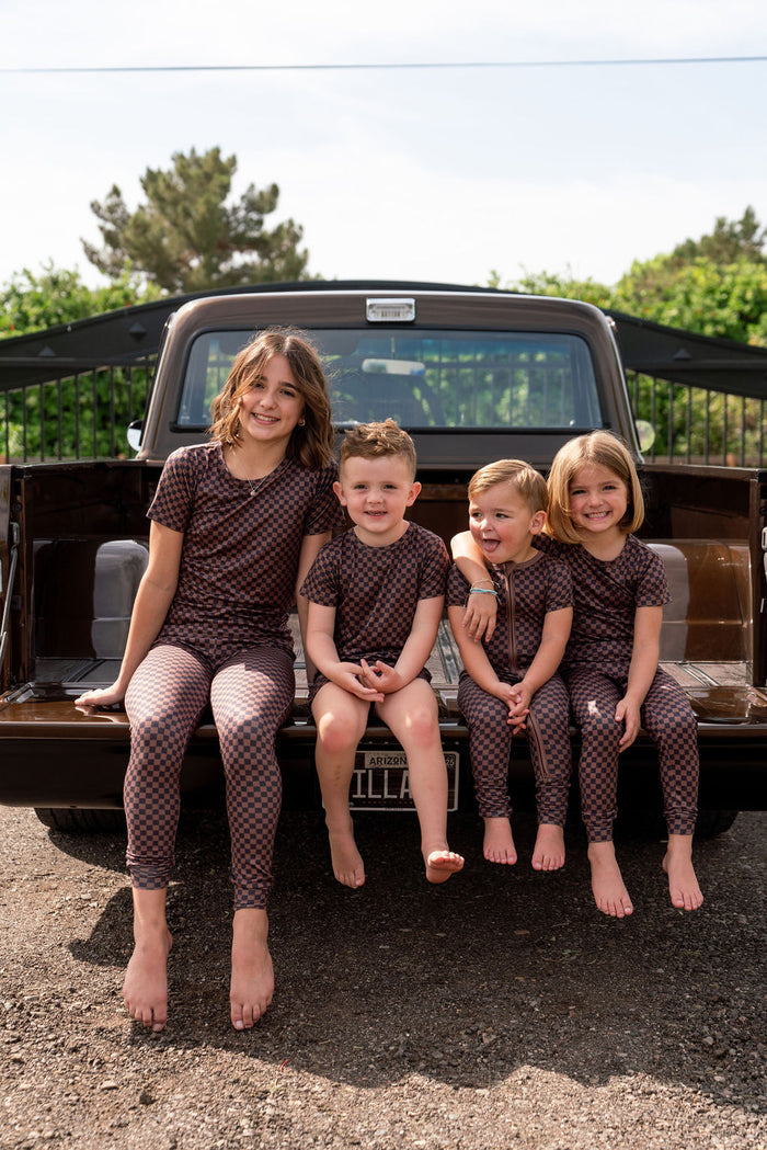 BLACK + BROWN MINI CHECKER | SHORT SLEEVE ZIPPER ONE PIECE