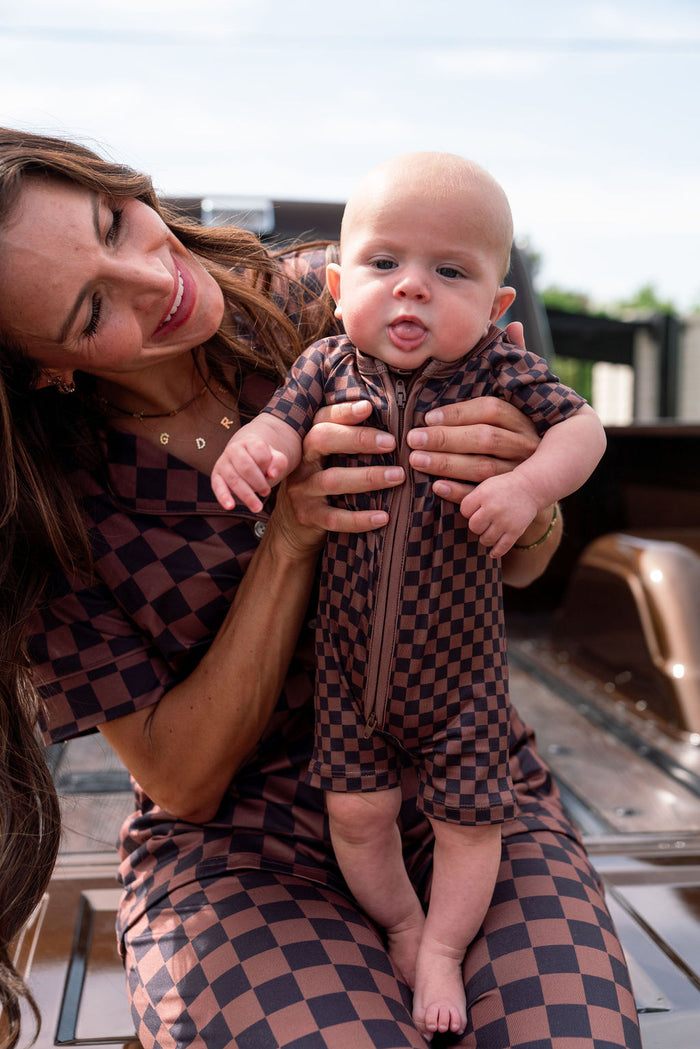 BLACK + BROWN MINI CHECKER | SHORT ZIPPER ONE PIECE
