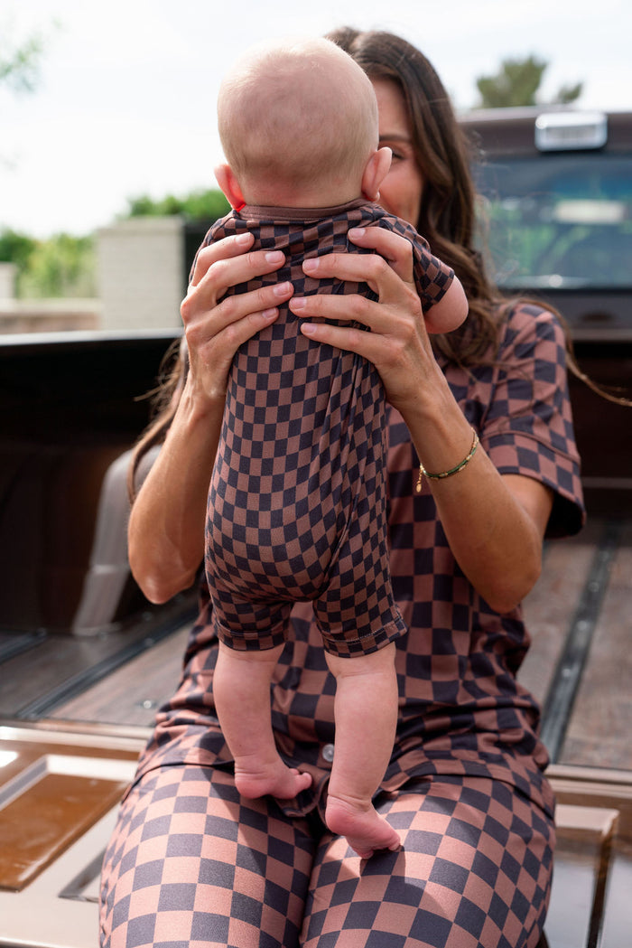 BLACK + BROWN MINI CHECKER | SHORT ZIPPER ONE PIECE
