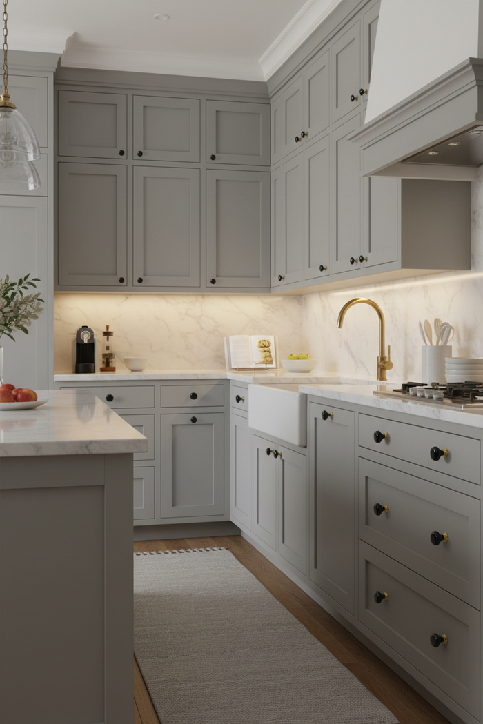 Black Glass Knobs shown on Gray Kitchen Cabinets - Paxton Hardware