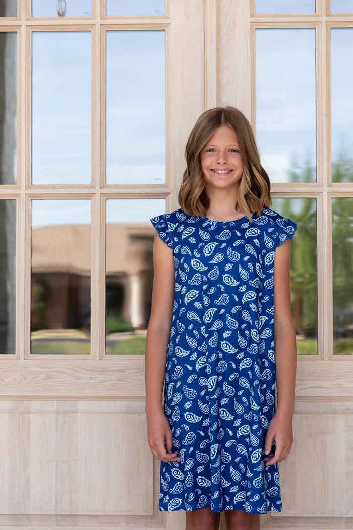 BLUE PAISLEY | RUFFLE SLEEVE DRESS