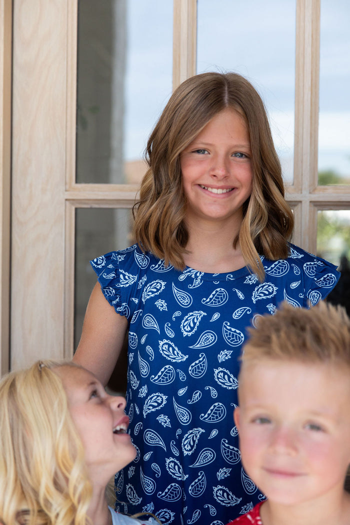 BLUE PAISLEY | RUFFLE SLEEVE DRESS