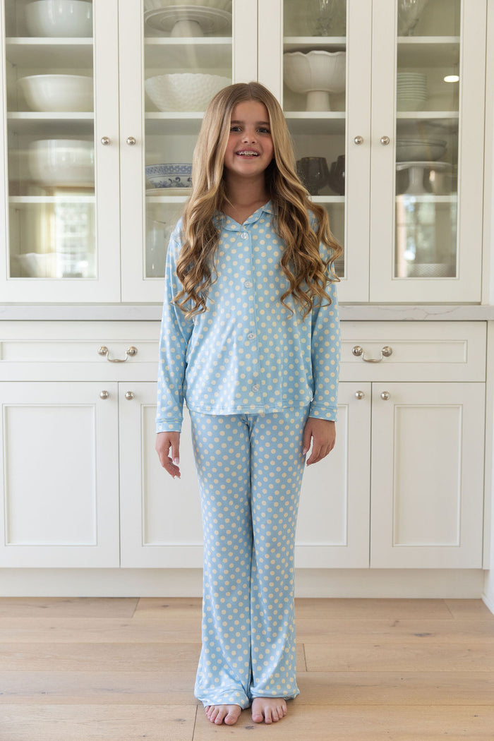 BLUE + YELLOW POLKADOTS | GIRLS' BUTTON UP LONG SLEEVE SET
