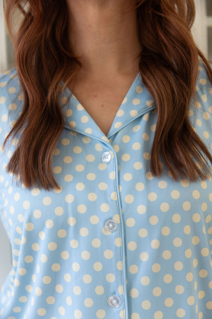 BLUE + YELLOW POLKADOTS | WOMEN'S BUTTON UP LONG SLEEVE SET