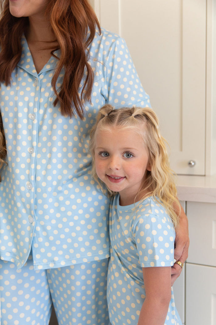 BLUE + YELLOW POLKADOTS | WOMEN'S BUTTON UP SHORT SLEEVE SET
