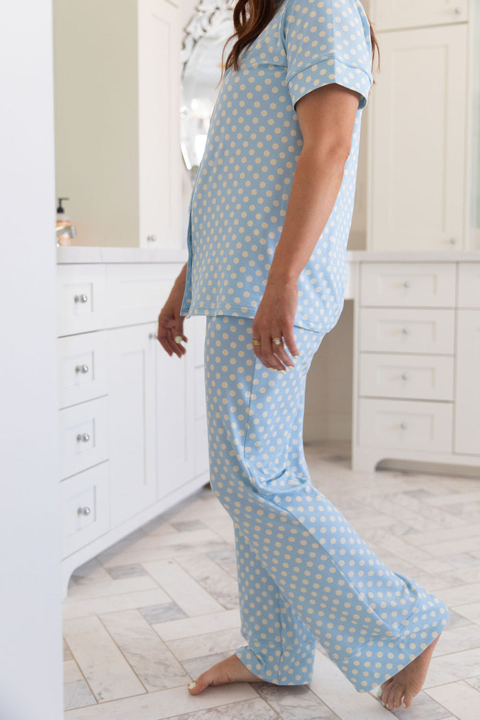BLUE + YELLOW POLKADOTS | WOMEN'S BUTTON UP SHORT SLEEVE SET
