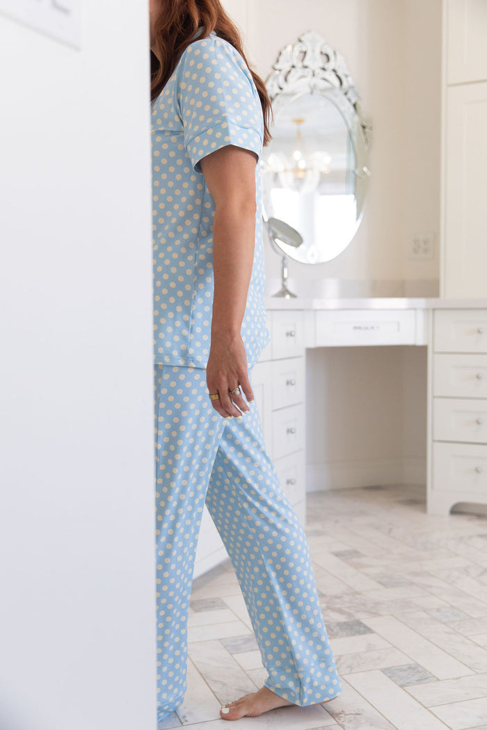 BLUE + YELLOW POLKADOTS | WOMEN'S BUTTON UP SHORT SLEEVE SET