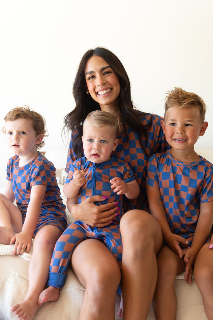BROWN + ROYAL BLUE WAVY CHECKER | WOMEN'S SHORT SET