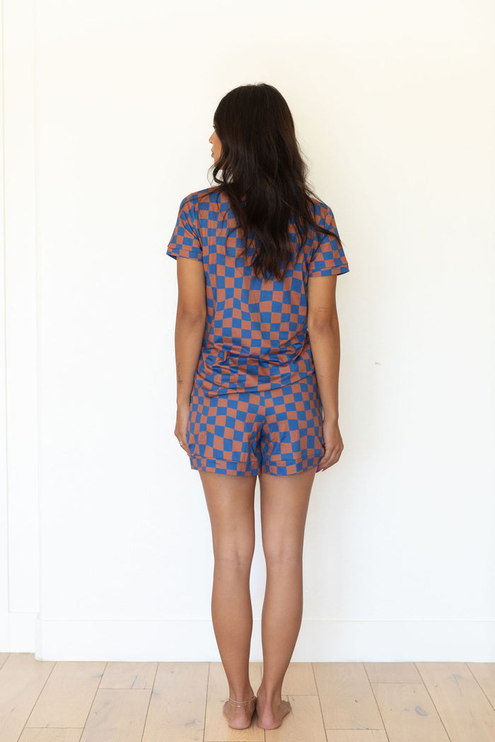 BROWN + ROYAL BLUE WAVY CHECKER | WOMEN'S SHORT SET