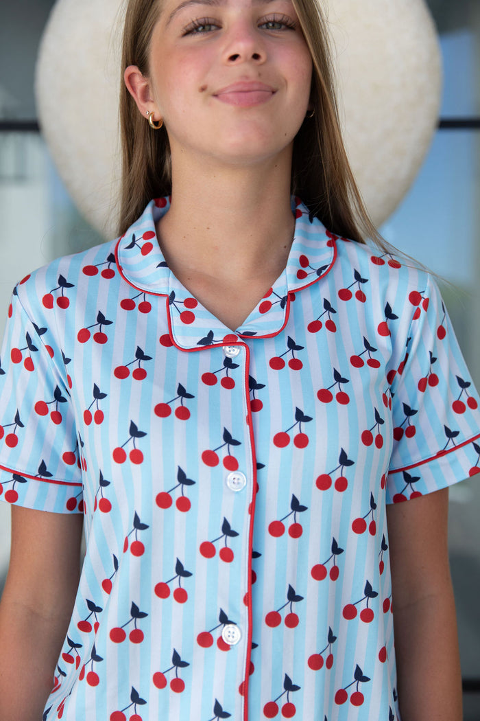 CHERRY STRIPES | GIRLS' BUTTON UP SHORT SLEEVE + SHORTS SET
