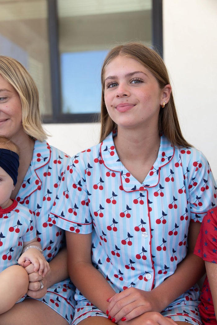 CHERRY STRIPES | GIRLS' BUTTON UP SHORT SLEEVE + SHORTS SET
