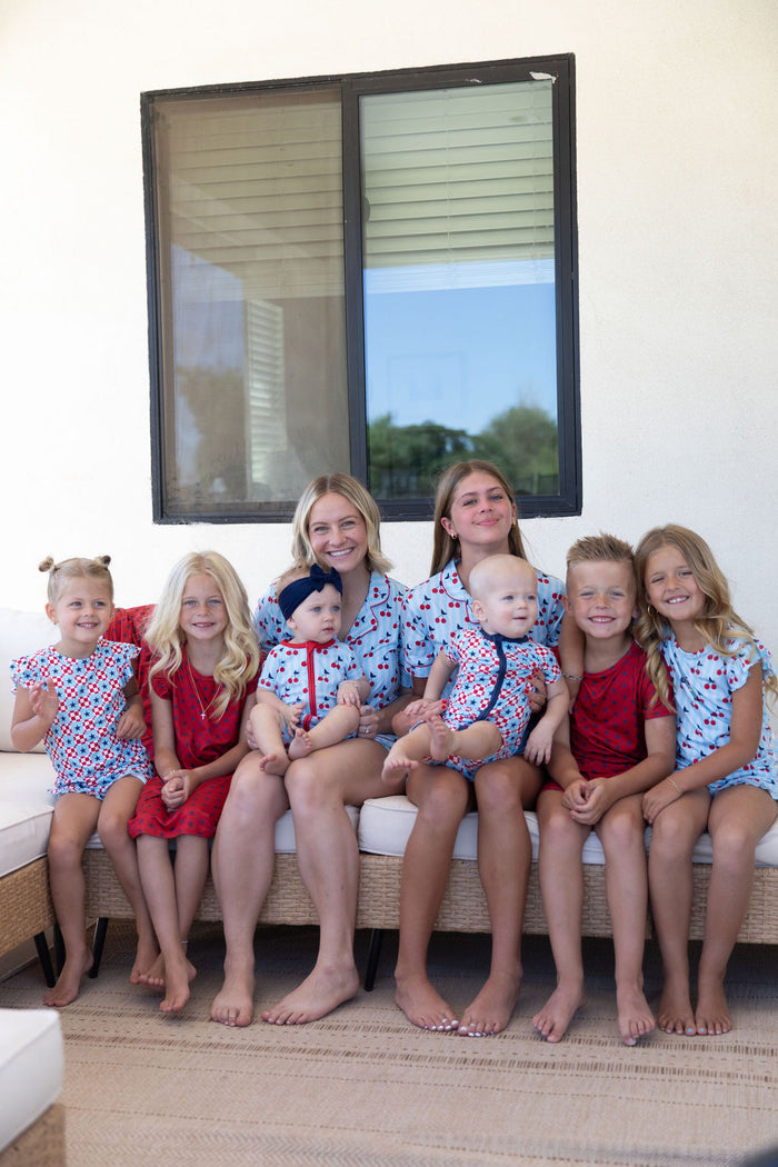 CHERRY STRIPES | GIRLS' BUTTON UP SHORT SLEEVE + SHORTS SET