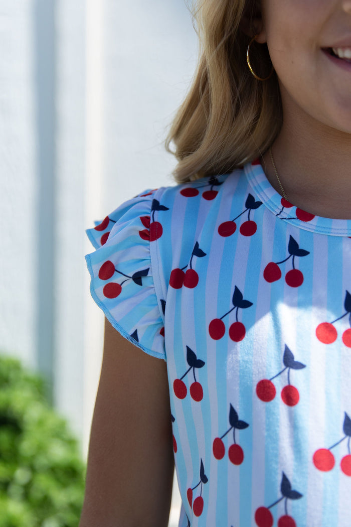 CHERRY STRIPES | RUFFLE SHORT SET