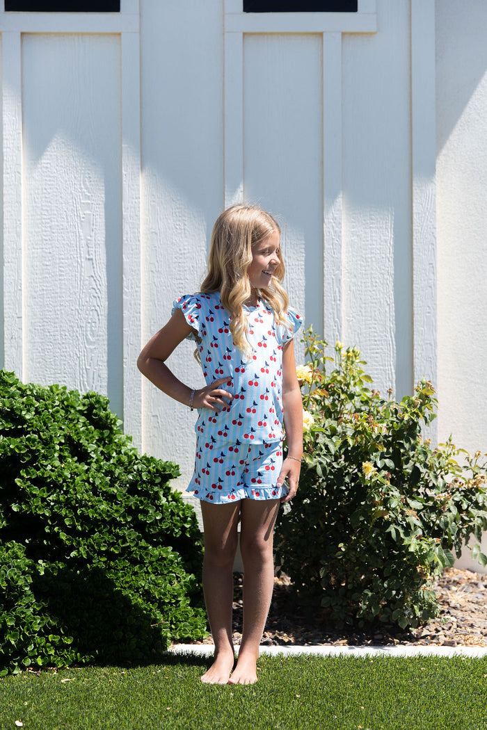 CHERRY STRIPES | RUFFLE SHORT SET