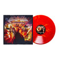 A limited edition red and orange Cinemetal Eruption Marble Vinyl from Galactic Empire sits by its album cover, depicting armored figures with lightsabers and futuristic weapons—the ultimate movie soundtrack album.