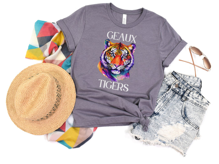 NolaCajun Colorful Tiger Tshirt Detail View Louisiana LSU Tiger Graphic Tee