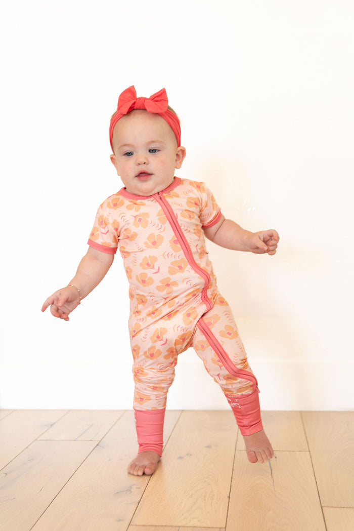CORAL + ORANGE FLORAL | SHORT SLEEVE ZIPPER ONE PIECE