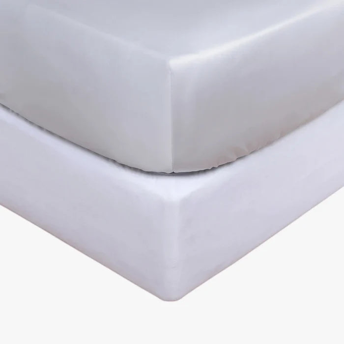 Cotton Co 400 Thread King Fitted Sheet set, featuring a silver sheet stacked on a white sheet, displaying smooth fabric.