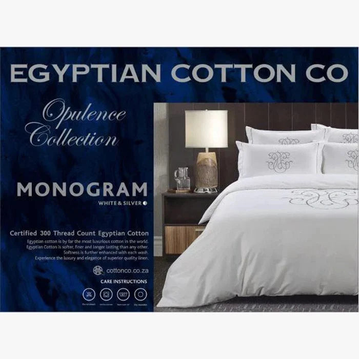 Cotton Co Opulence Monogram King Duvet Cover Set in white and grey with embroidered monogram design for a luxurious bedroom