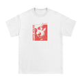 Spite House white T-shirt with a red-tinted face graphic, cracked glass effect, and SPITE HOUSE text running vertically along the image’s left side.
