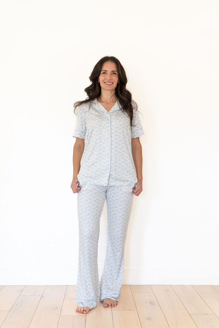 DAINTY BLUE FLORAL | WOMEN'S BUTTON UP SHORT SLEEVE SET