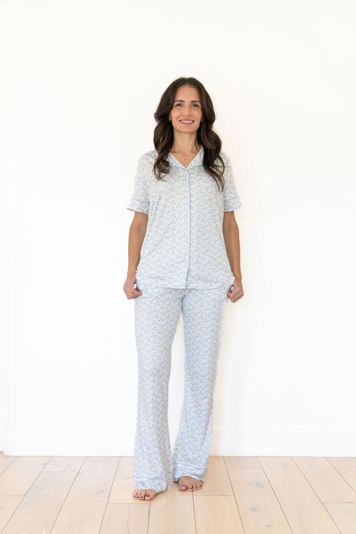 DAINTY BLUE FLORAL | WOMEN'S BUTTON UP SHORT SLEEVE SET