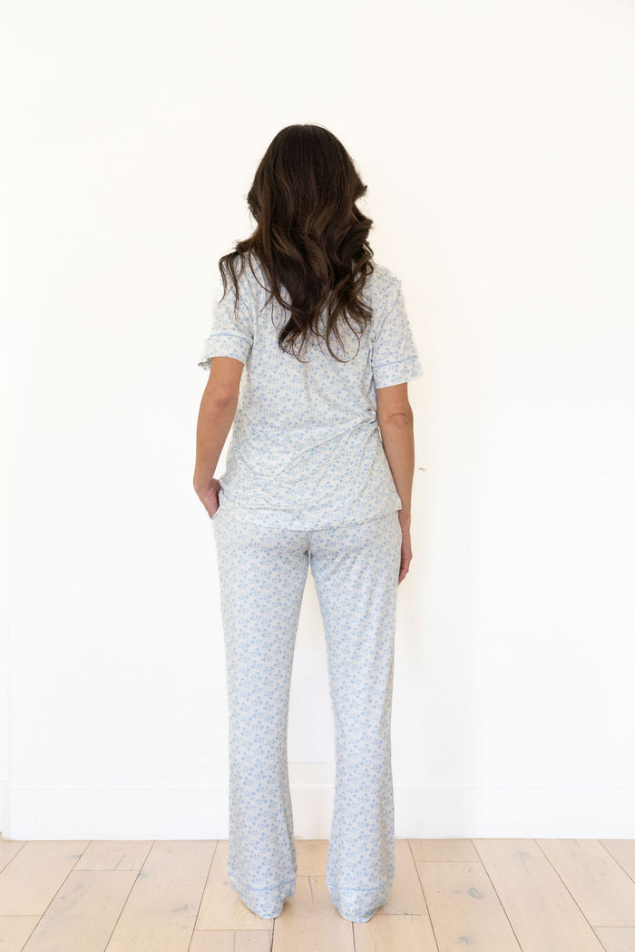 DAINTY BLUE FLORAL | WOMEN'S BUTTON UP SHORT SLEEVE SET