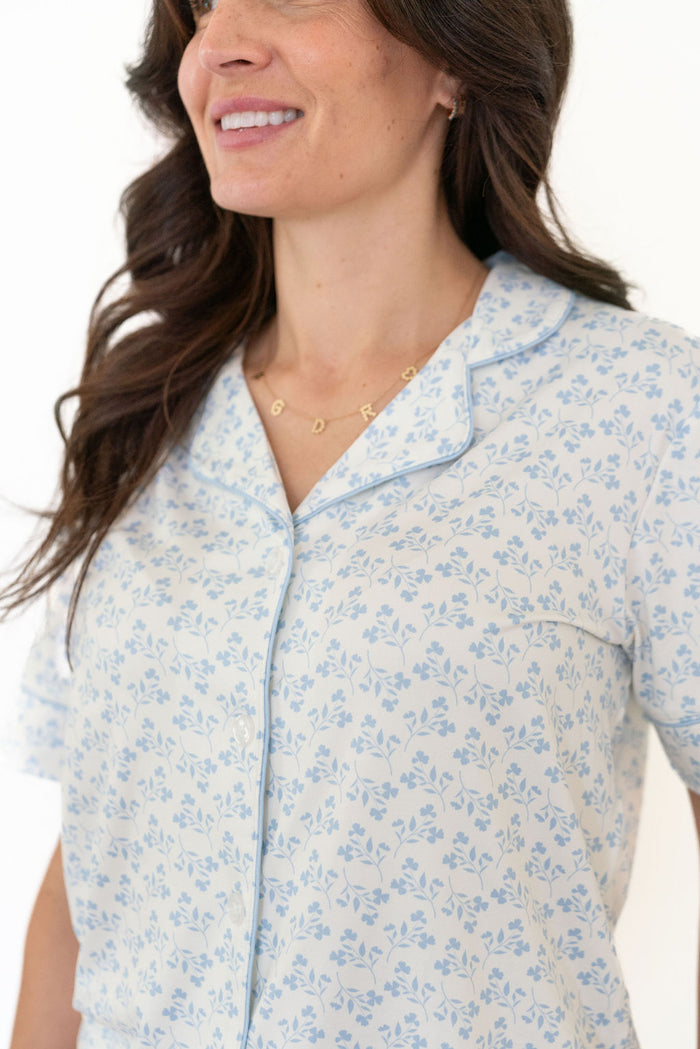 DAINTY BLUE FLORAL | WOMEN'S BUTTON UP SHORT SLEEVE SET