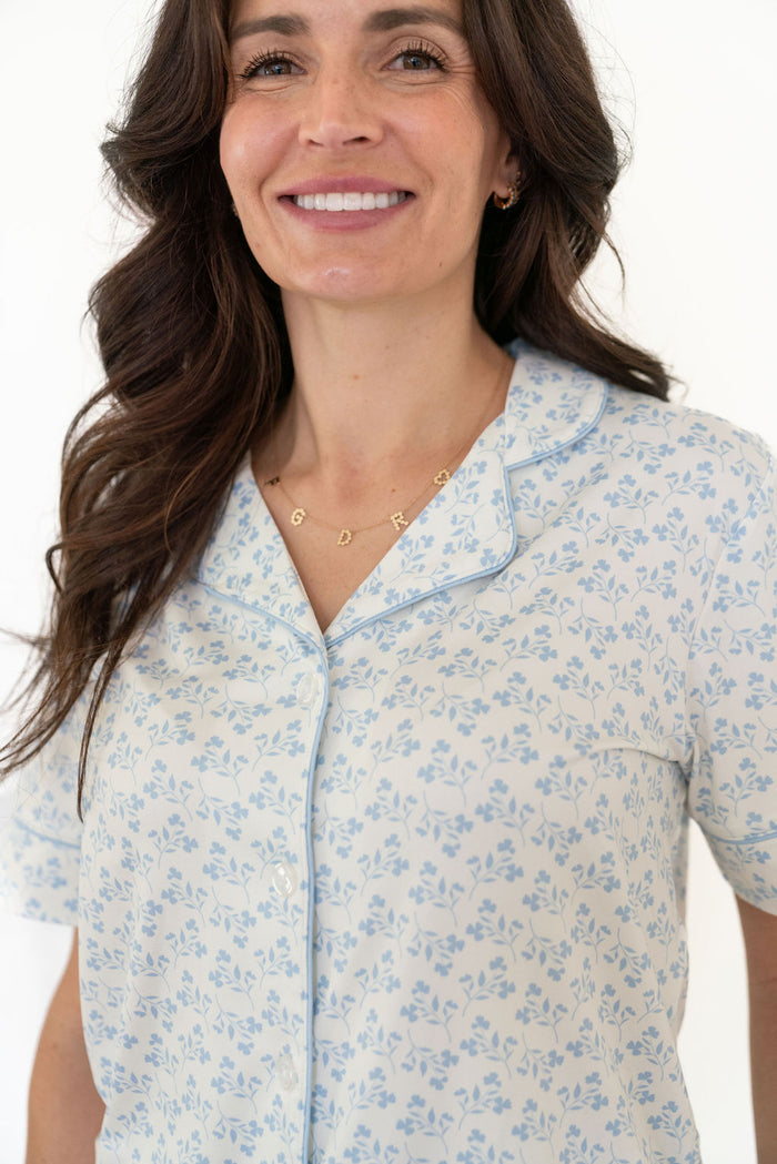 DAINTY BLUE FLORAL | WOMEN'S BUTTON UP SHORT SLEEVE SET