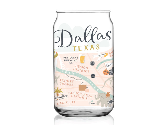 The Dallas Map Can Glass by Onderkast Studio features a vibrant city map illustration with colorful text and images of landmarks like Trinity Groves, Bishop Arts District, the zoo, and the Design District on clear glass.