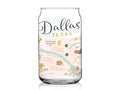 The Dallas Map Can Glass by Onderkast Studio features a vibrant city map illustration with colorful text and images of landmarks like Trinity Groves, Bishop Arts District, the zoo, and the Design District on clear glass.