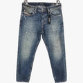 Diesel Mens Larkee Beex blue distressed denim jeans with button fly, metal rivets, and hangtag.