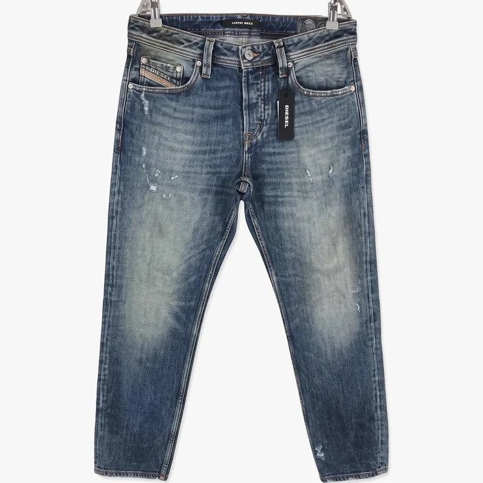 Diesel Mens Larkee Beex blue distressed denim jeans with button fly, metal rivets, and hangtag.
