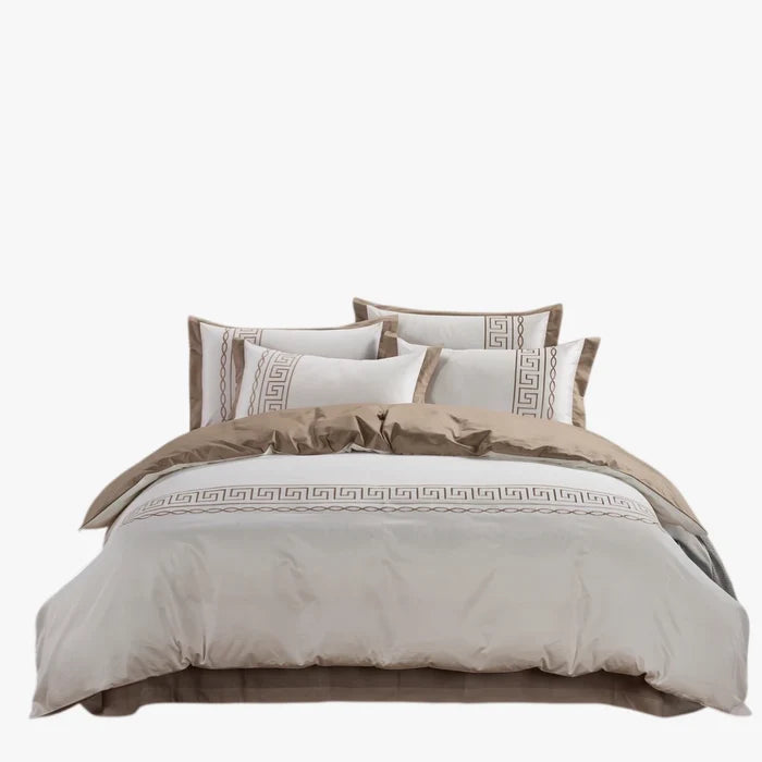 Donatella 400 Thread King Duvet Cover Set in Cream/Stone with geometric pattern, made from soft cotton sateen.